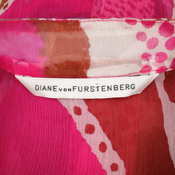Diane Von Furstenberg Top Womens 10 Pink Yellow Silk Blouse Chiffon Ruffle Front - Picture 13 of 16